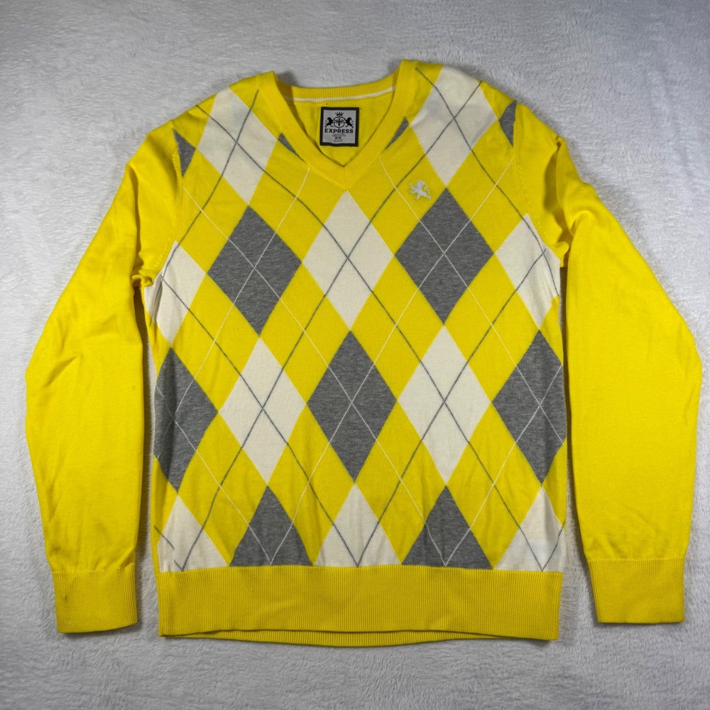Express Argyle Sweater Mens Medium Yellow V-Neck Cotton Lion Logo Knit